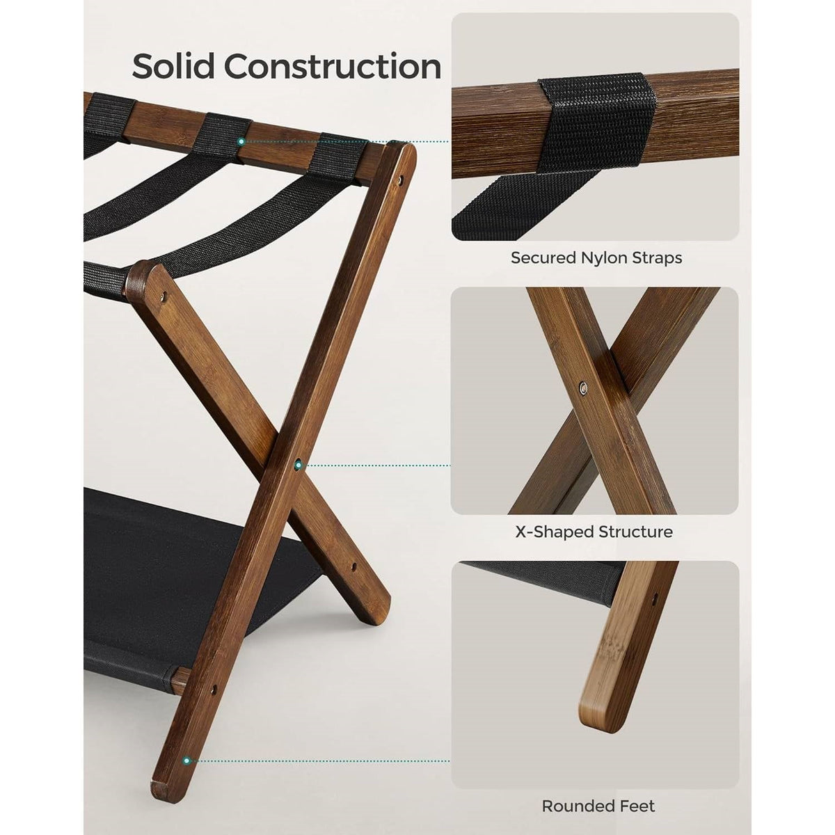 Set of 2 luggage racks in walnut wood finish with lower shelf and secured nylon straps on Tampa Home & Garden Store