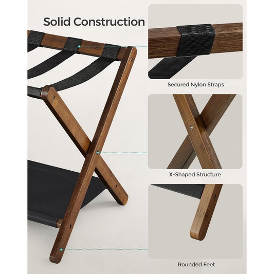Set of 2 luggage racks in walnut wood finish with lower shelf and secured nylon straps on Tampa Home & Garden Store