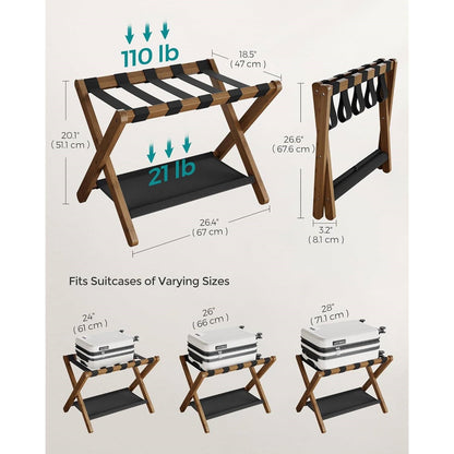Set of 2 luggage racks in walnut wood with lower shelf and black straps HomePacific on Tampa Home & Garden Store