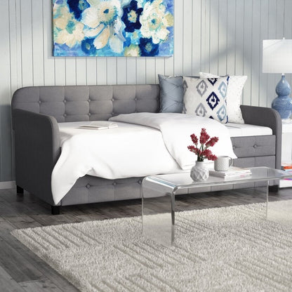 Sofá cama doble de lino y poliéster con botones en color gris y nido