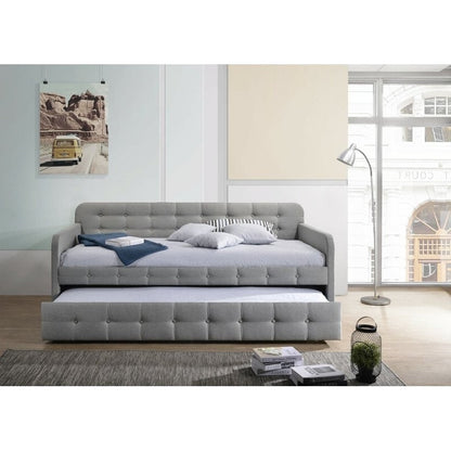 Sofá cama doble de lino y poliéster con botones en color gris y nido