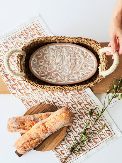 Bread Warmer & Basket Owl Oval by KORISSA; woven rattan basket with ceramic owl-engraved tray on Tampa Home & Garden Store