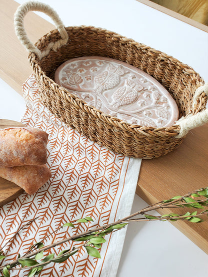 Bread Warmer & Basket Owl Oval by KORISSA; natural woven basket with oval ceramic warmer featuring owl motif, bread nearby on Tampa Home & Garden Store