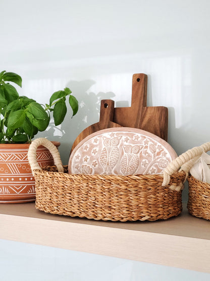 Bread Warmer & Basket Owl Oval by KORISSA; natural woven basket with a ceramic owl-pattern plate on Tampa Home & Garden Store