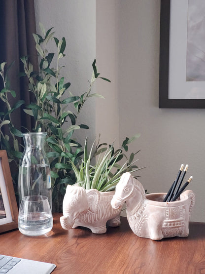 Terracotta Pot - Horse planter by KORISSA, pale pink ceramic plant decor pots with greenery on Tampa Home & Garden Store
