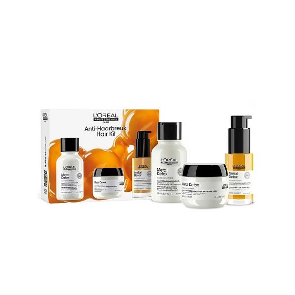 Hair care kit: L’Oréal Paris Anti-Breakage set with white bottles and orange packaging, 5-piece collection on Tampa Home & Garden Store