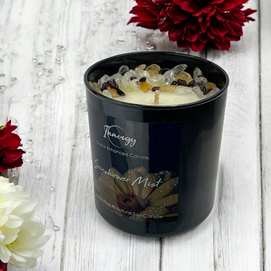 Sunshower Mist Crystal Candle with Garnet, Quartz Crystal, and Citrine | Coconut-Soy Wax Candle, 9oz - Tampa Home & Garden Store