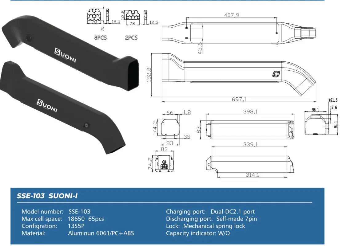 EUNORAU Meta/Defender/HS bike battery shells pair with SUONI branding and schematics on Tampa Home & Garden Store