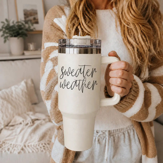 Sweater Weather 40oz travel mug Gia Roma cream tumbler with handle and clear lid on Tampa Home & Garden Store