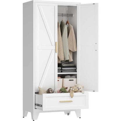 Armario ropero blanco de 2 puertas con cajón de almacenamiento y barra para colgar