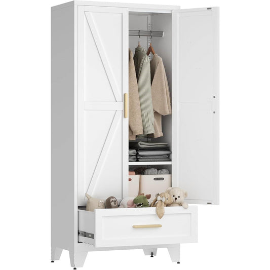 Armario ropero blanco de 2 puertas con cajón de almacenamiento y barra para colgar