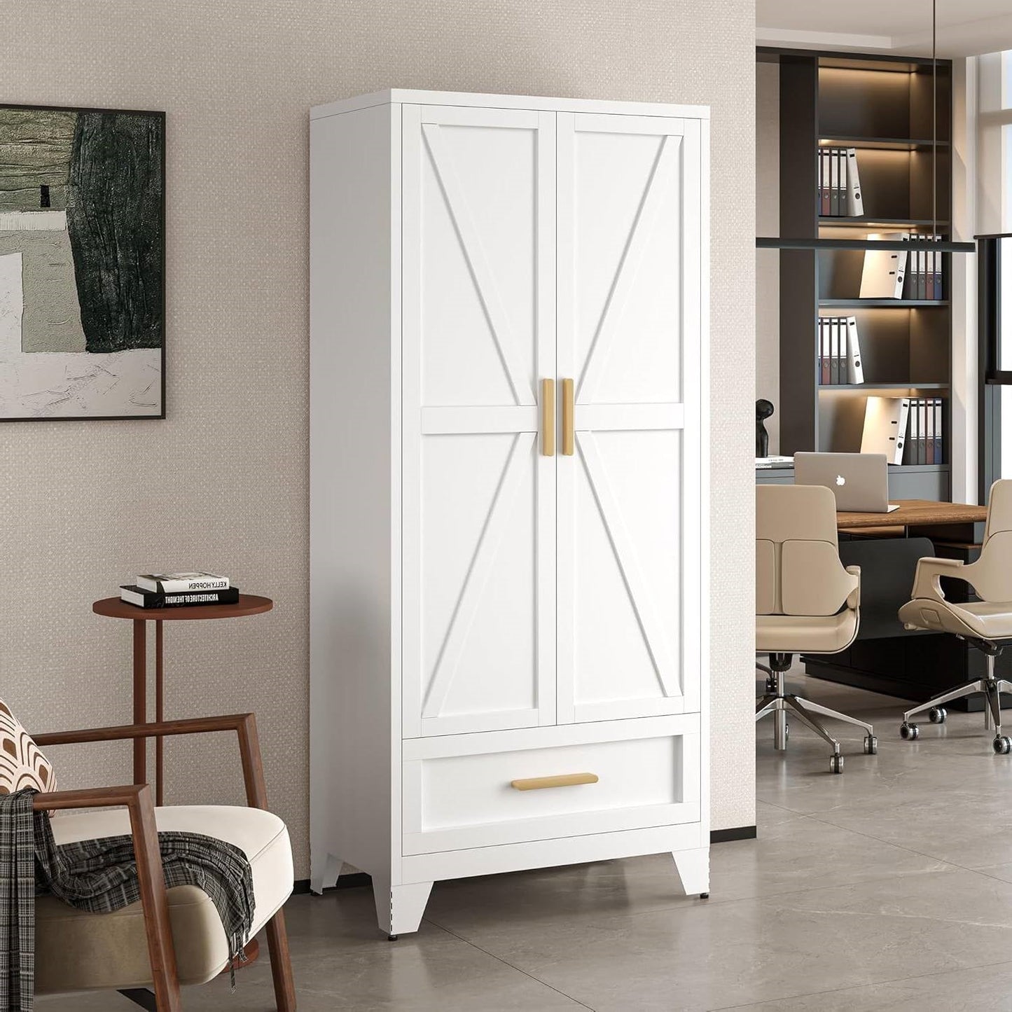 Armario ropero blanco de 2 puertas con cajón de almacenamiento y barra para colgar