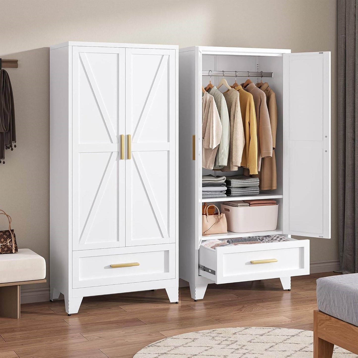 Armario ropero blanco de 2 puertas con cajón de almacenamiento y barra para colgar