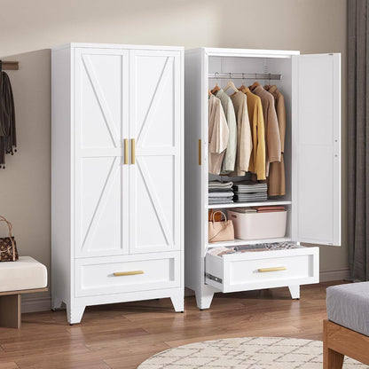 Armario ropero blanco de 2 puertas con cajón de almacenamiento y barra para colgar