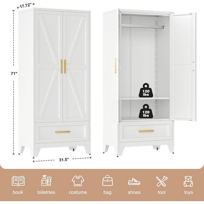 Armario ropero blanco de 2 puertas con cajón de almacenamiento y barra para colgar