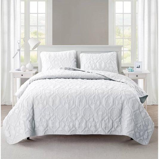 Queen size Coastal Beach Seashells Starfish Sea Horse White 3-Piece Quilt Set - Tampa Home & Garden Store