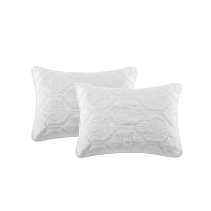 Juego de colcha Queen size de 3 piezas blanco con diseño de conchas marinas, estrellas de mar y caballitos de mar costeros