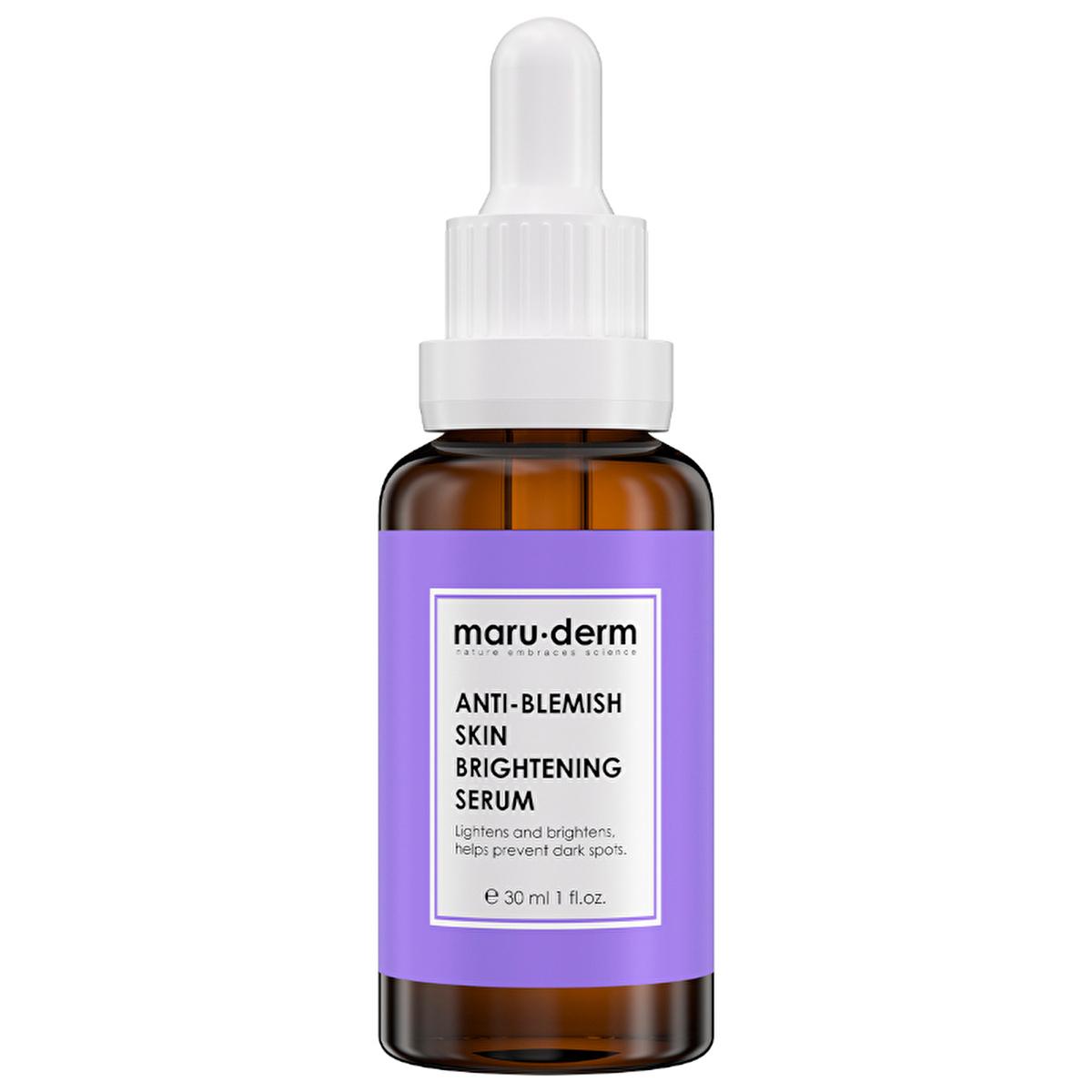Face serum bottle, maru-derm Anti-Blemish Skin Brightening Serum, 30 ml, amber glass with white dropper and purple label on Tampa Home & Garden Store