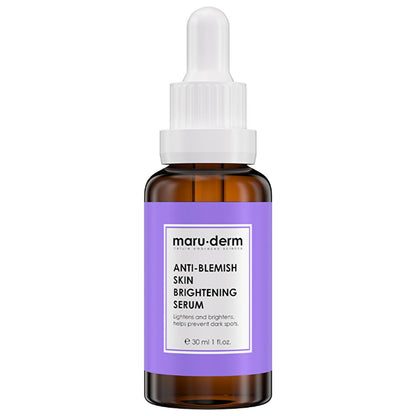 Face serum bottle, maru-derm Anti-Blemish Skin Brightening Serum, 30 ml, amber glass with white dropper and purple label on Tampa Home & Garden Store
