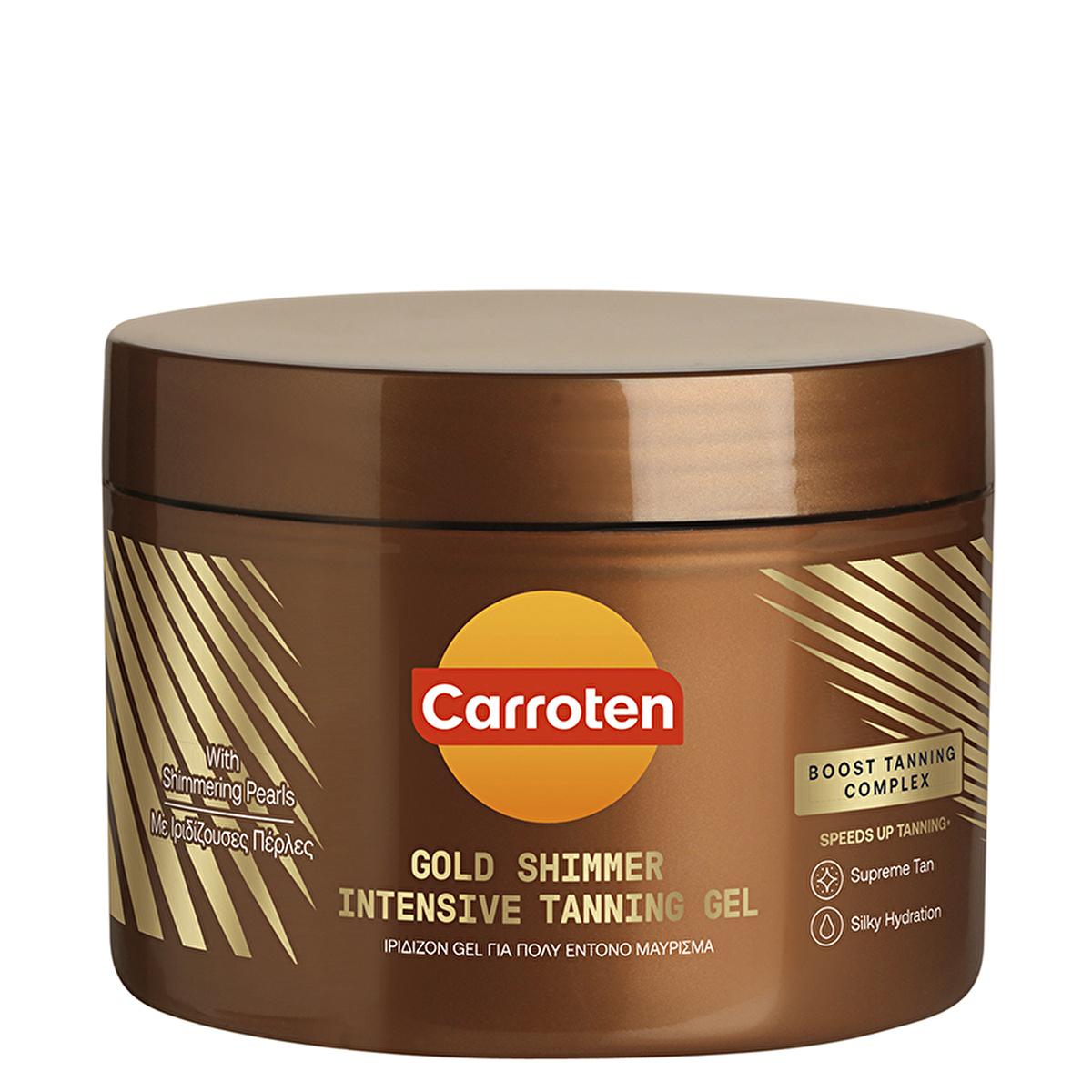 Gold Shimmer Intensive Tanning Gel jar in bronze with gold lid and Carroten logo on Tampa Home & Garden Store