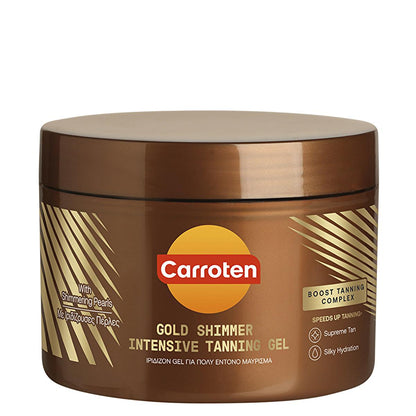 Gold Shimmer Intensive Tanning Gel jar in bronze with gold lid and Carroten logo on Tampa Home & Garden Store
