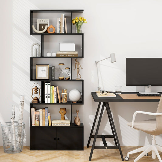 6-Tier S-Shaped Freestanding Bookshelf with Cabinet and Doors - Tampa Home & Garden Store