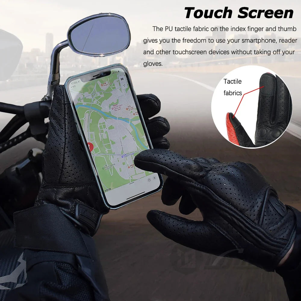 BikerZoneZ Motorcycle Retro Leather Gloves, black perforated leather with touchscreen fingertips on Tampa Home & Garden Store