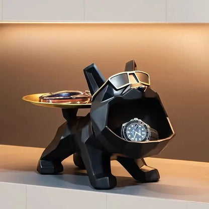 Perfecsy resin bulldog decor statue with black finish and gold tray for keys and jewelry on Tampa Home & Garden Store