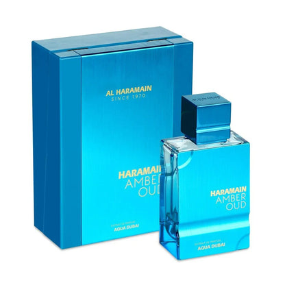 Al Haramain Amber Oud Aqua Dubai eau de cologne bottle with blue gradient box, 2 oz unisex on Tampa Home & Garden Store
