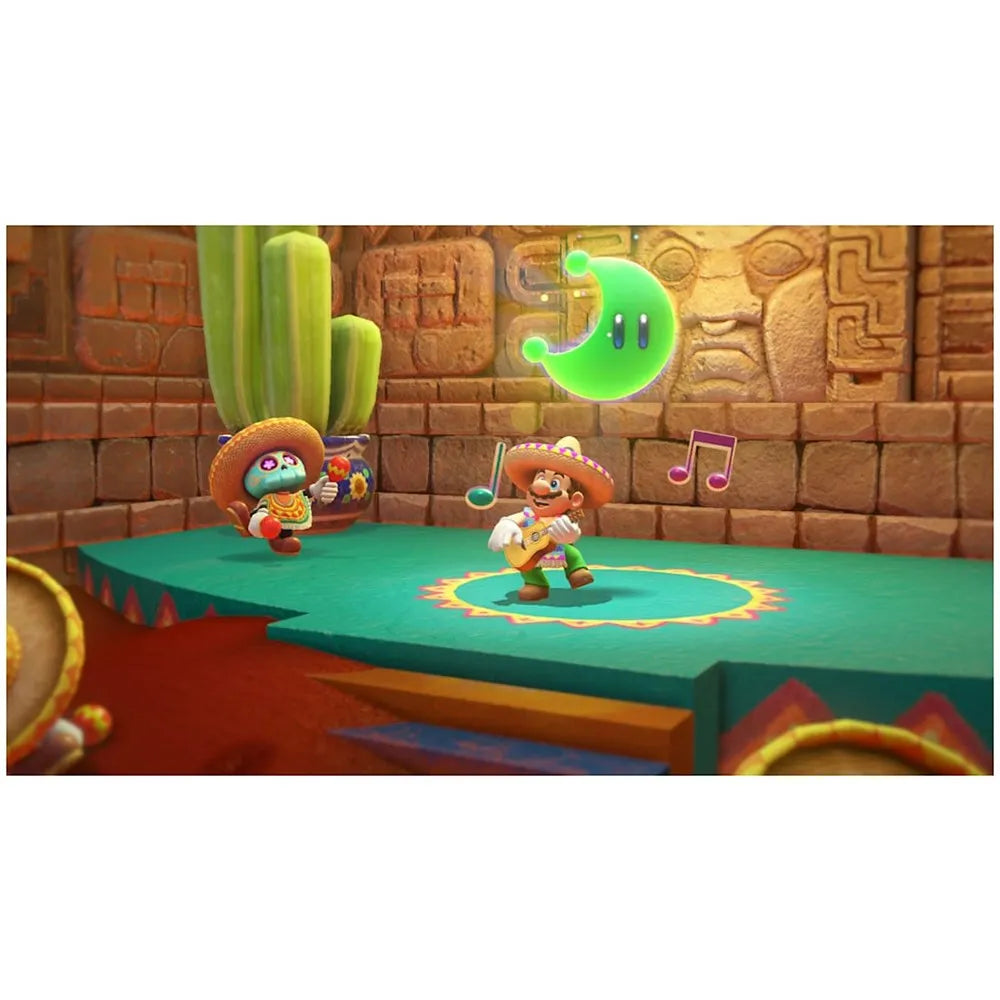 Super Mario Odyssey on Nintendo Switch: Mario on colorful stage with guitar and moon prop on Tampa Home & Garden Store