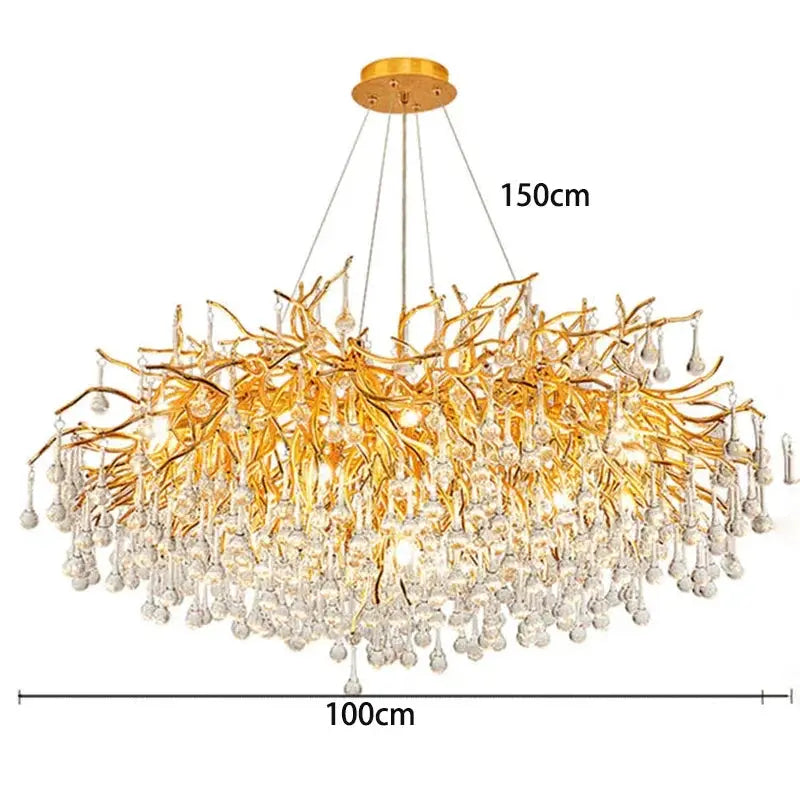DecorBites LED pendant chandelier with gold branches and crystal droplets 150cm high 100cm wide on Tampa Home & Garden Store