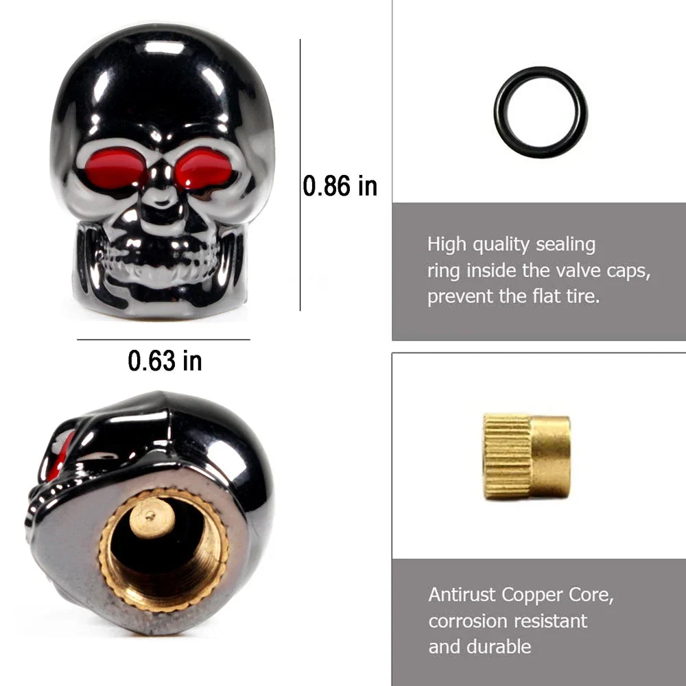 ABS Skull Valve Stem Caps by BikerZoneZ, black chrome skull with red eyes, brass core on Tampa Home & Garden Store