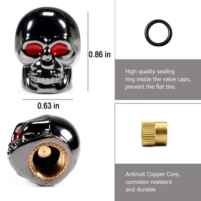 ABS Skull Valve Stem Caps by BikerZoneZ, black chrome skull with red eyes, brass core on Tampa Home & Garden Store