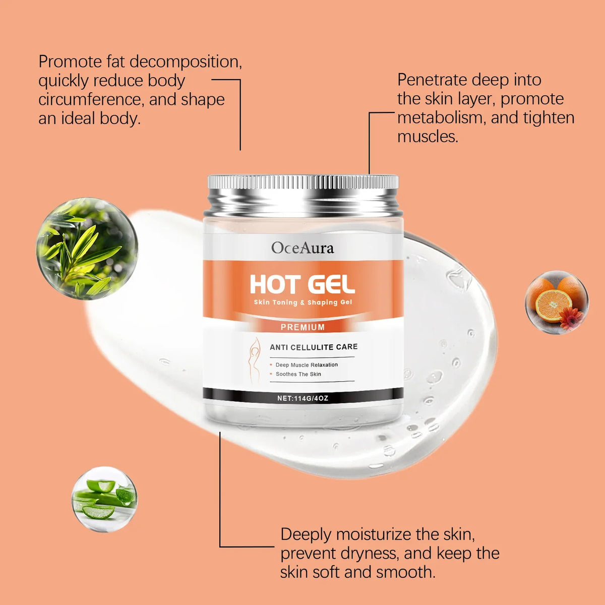 Hot Gel anti cellulite care jar with orange label, Silcy Skin brand, OceAura line, 114g/4oz on Tampa Home & Garden Store