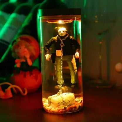 Jason Voorhees Friday 13th water lantern by Perfecsy, glass cylinder with green glow and base decor on Tampa Home & Garden Store