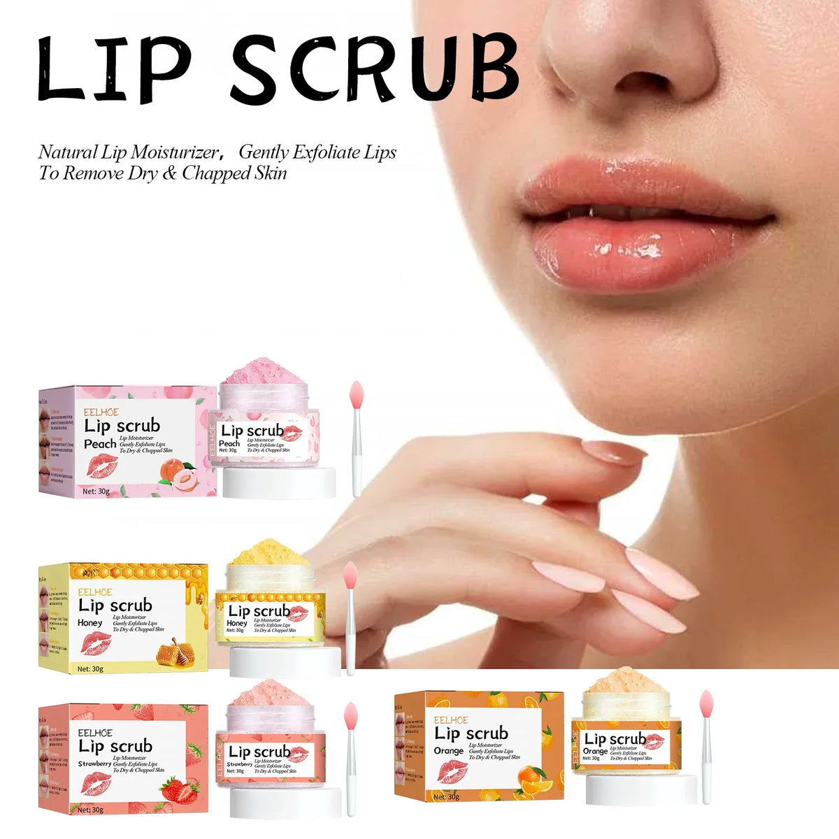 Watermelon Peach Lip Scrub by Silcy Skin; lip scrubs in jars and boxes with a lip close-up on Tampa Home & Garden Store