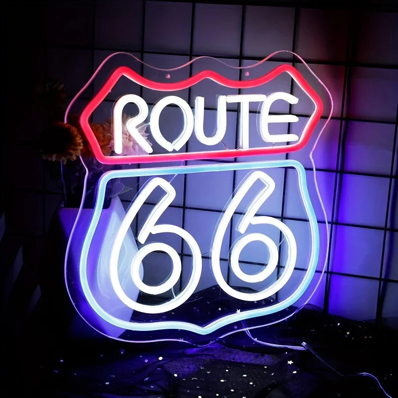 Historic Route 66 neon sign by BikerZoneZ with red Route outline and blue 66 shield for man cave on Tampa Home & Garden Store
