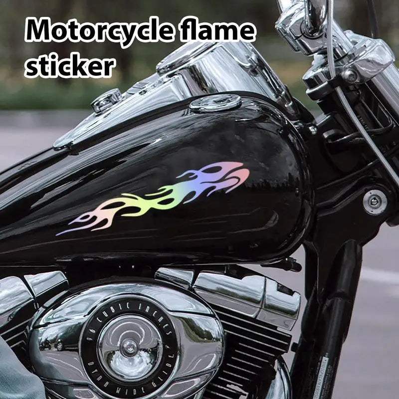 Motorcycle flame sticker by BikerZoneZ, waterproof reflective rainbow flames on black tank on Tampa Home & Garden Store