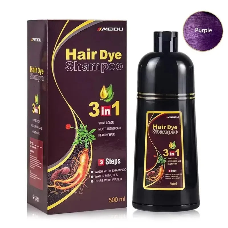 3-in-1 Hair Dye Shampoo bottle and purple-labeled box, black bottle, Meidu brand, 500 ml on Tampa Home & Garden Store