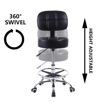 Swivel Rolling Stool PU Leather Height Adjustable Drafting Task Chair with Back