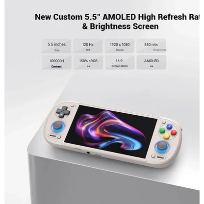 Retroid Pocket 6 handheld game console, white with blue joystick accents, 5.5 inch OLED display on Tampa Home & Garden Store