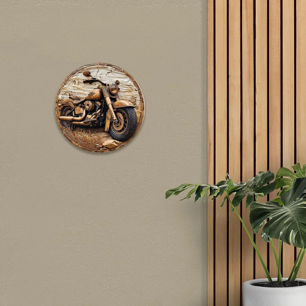 Round faux wooden circular wreath sign with carved motorcycle, BikerZoneZ entrance decoration on Tampa Home & Garden Store