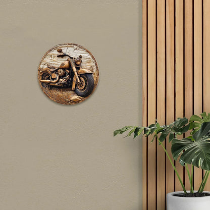 Round faux wooden circular wreath sign with carved motorcycle, BikerZoneZ entrance decoration on Tampa Home & Garden Store