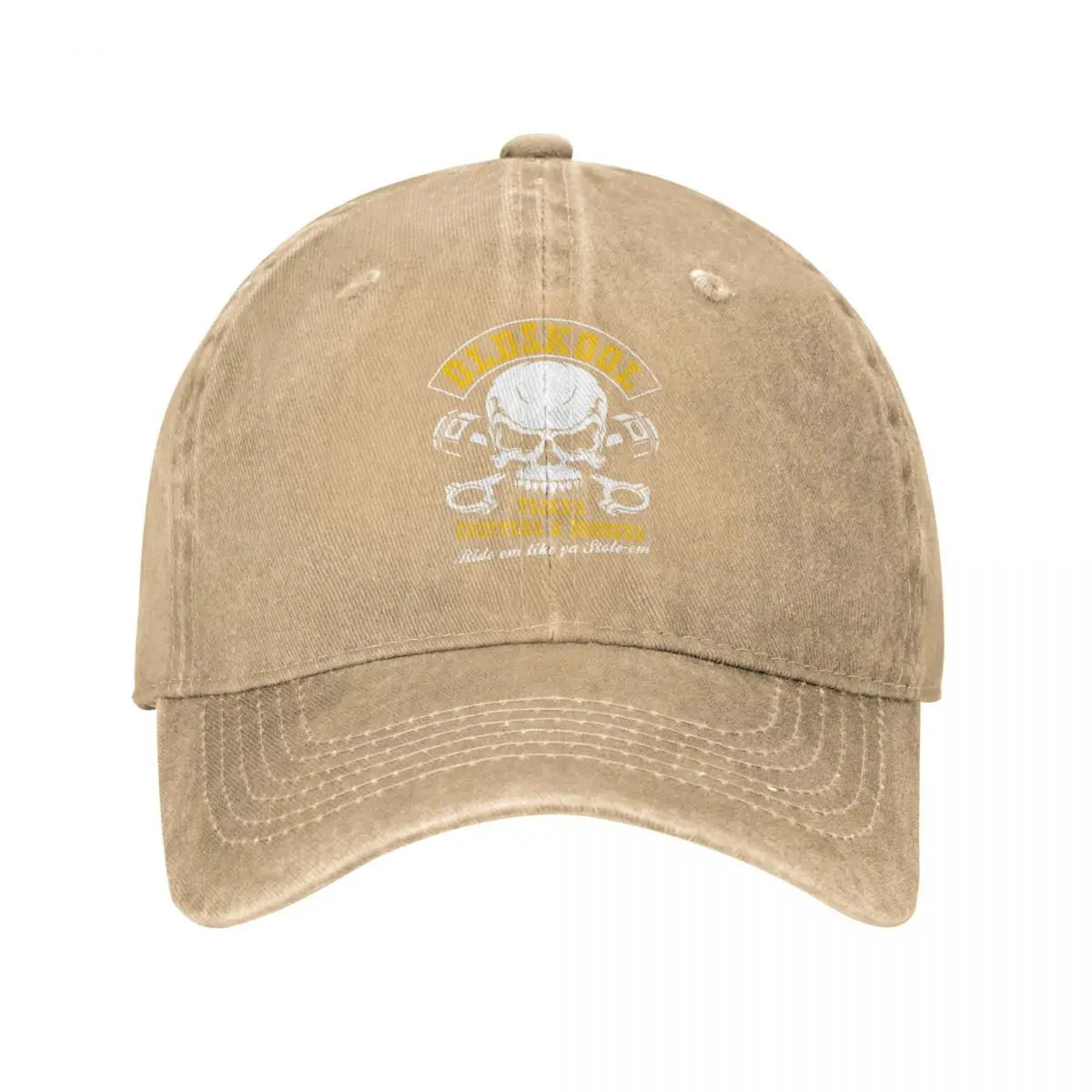 Vintage BSA Chopper baseball cap by BikerZoneZ in tan distressed cotton with skull engine logo on Tampa Home & Garden Store