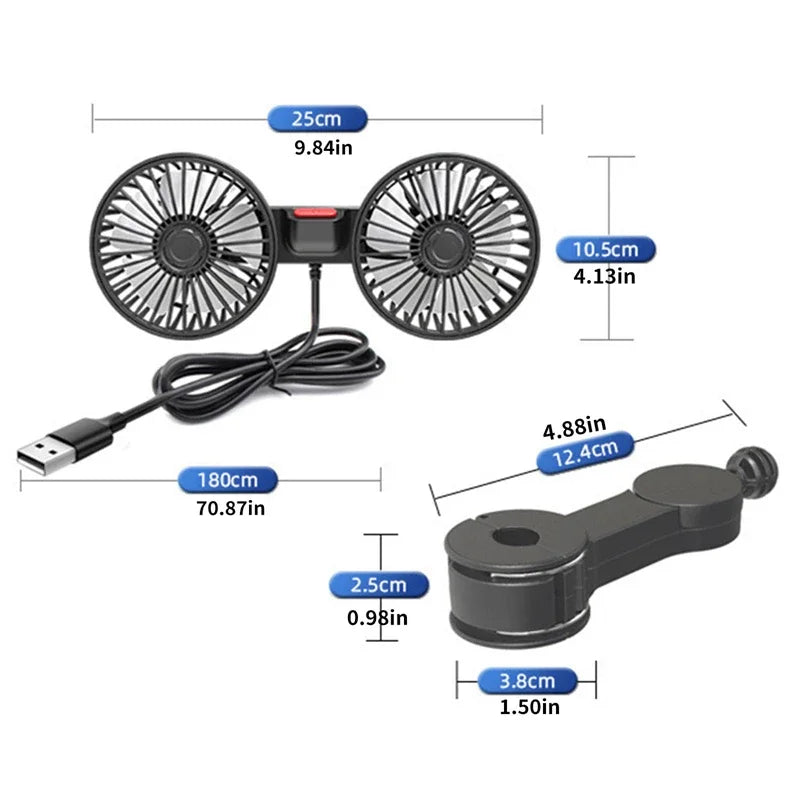 Portable Dual-Head USB Fan for Car with 360° Rotation & 3 Speed Settings for Ultimate Comfort