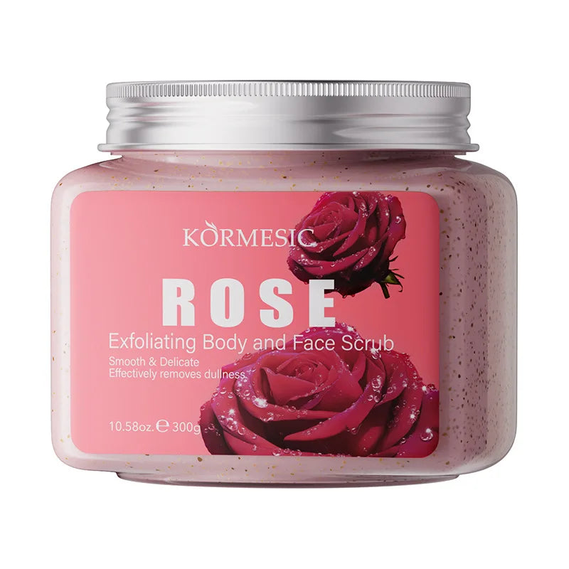 KORMESIC Rose Exfoliating Body and Face Scrub in pink jar with rose artwork on Tampa Home & Garden Store