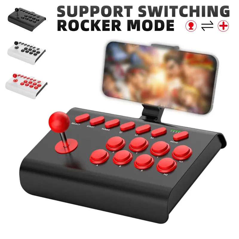 Arcade Fight Stick – black base with red ball-top joystick, red buttons, phone mount on Tampa Home & Garden Store