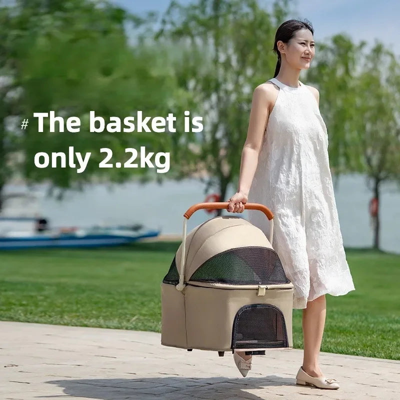 Pet Zen 3-in-1 pet stroller with detachable carrier and storage basket in beige, 4-wheel brakes on Tampa Home & Garden Store