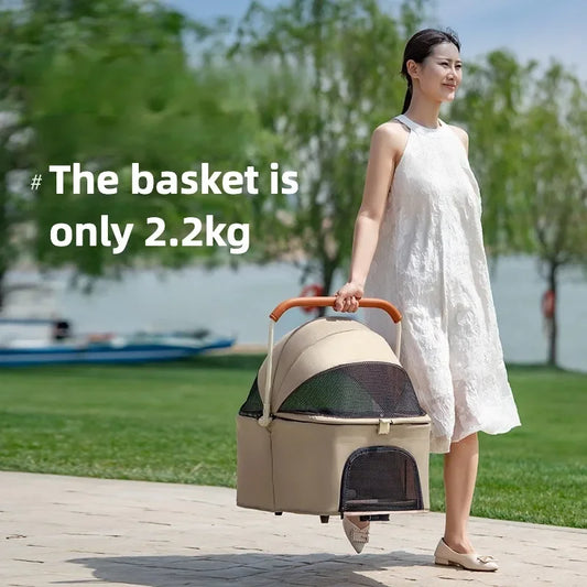 Pet Zen 3-in-1 pet stroller with detachable carrier and storage basket in beige, 4-wheel brakes on Tampa Home & Garden Store