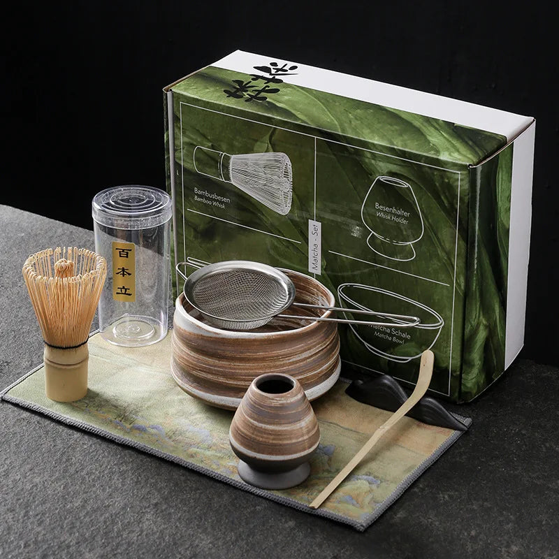 Perfecsy 4pc Japanese matcha set: bamboo whisk, chashaku scoop, matcha bowl, sieve, brush on Tampa Home & Garden Store